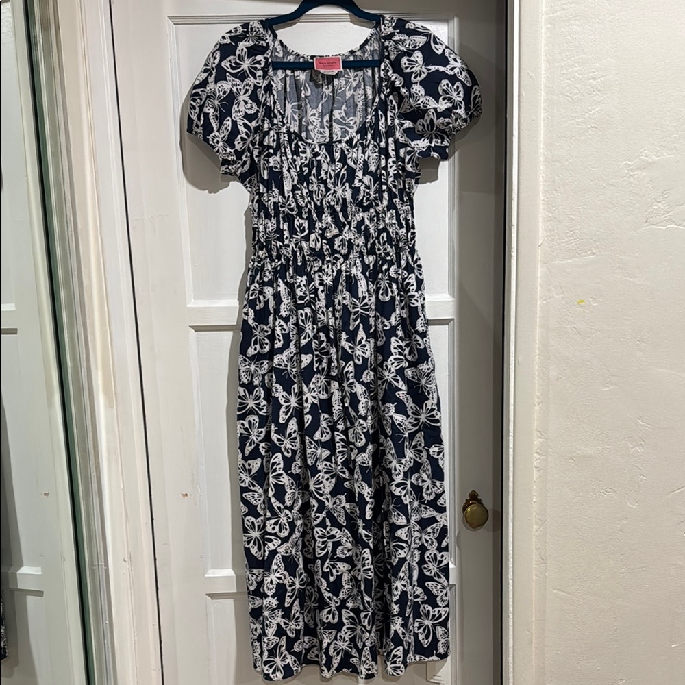 Kate Spade Navy & White Butterfly Print Puff Sleeve Midi Dress